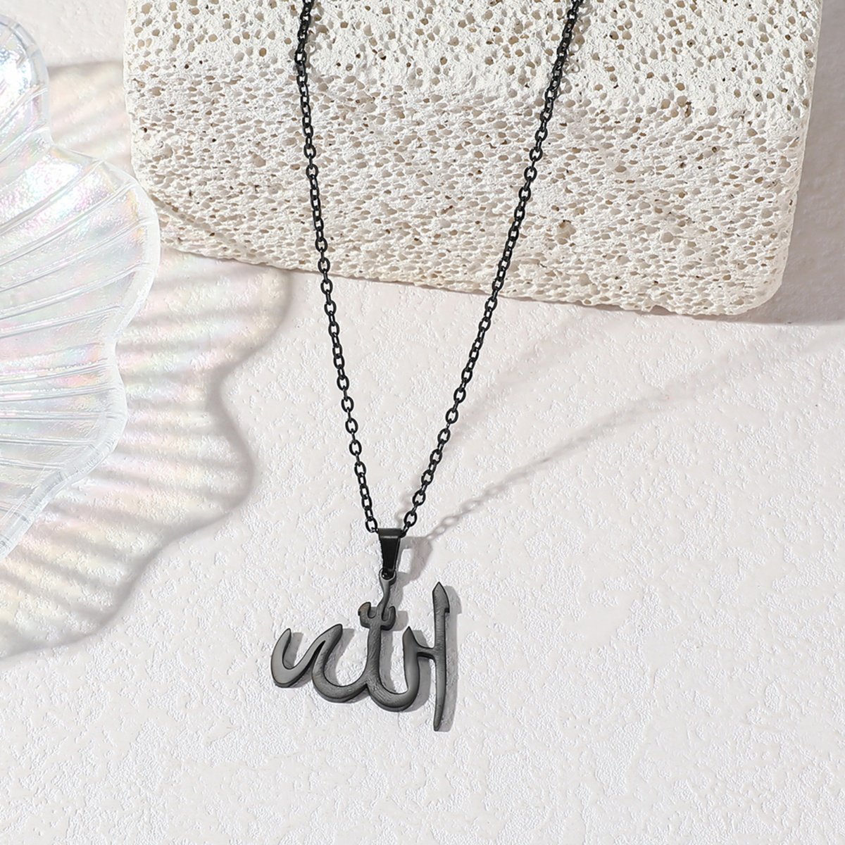 Allah Necklace Pendant – Black Stainless Steel with Pearl Chain — image 3