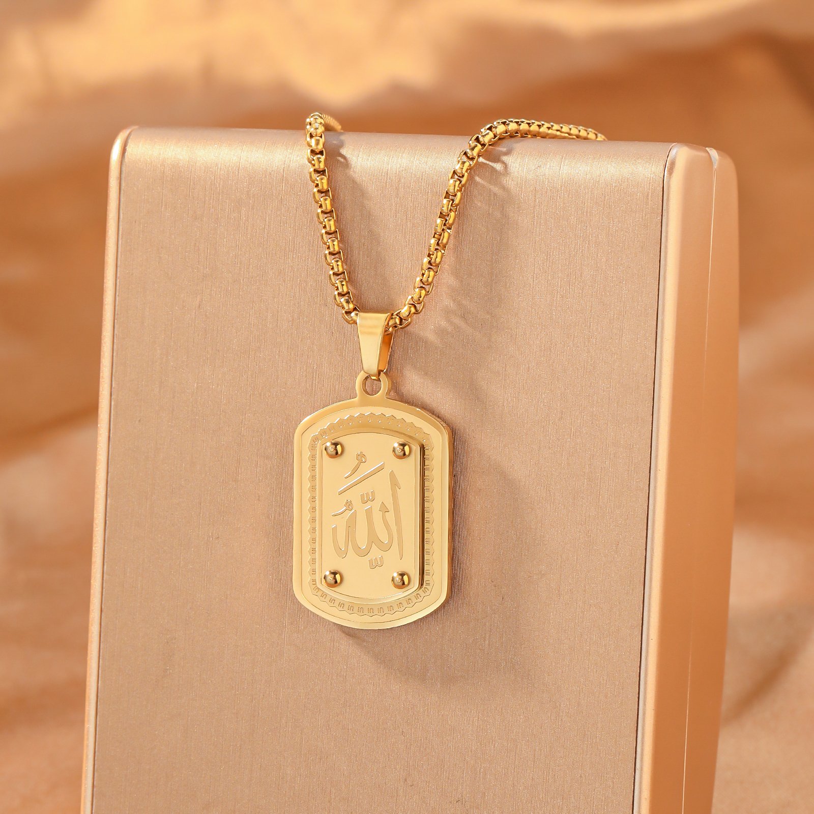 Allah Necklace Pendant – Gold Stainless Steel with Pearl Style Chain