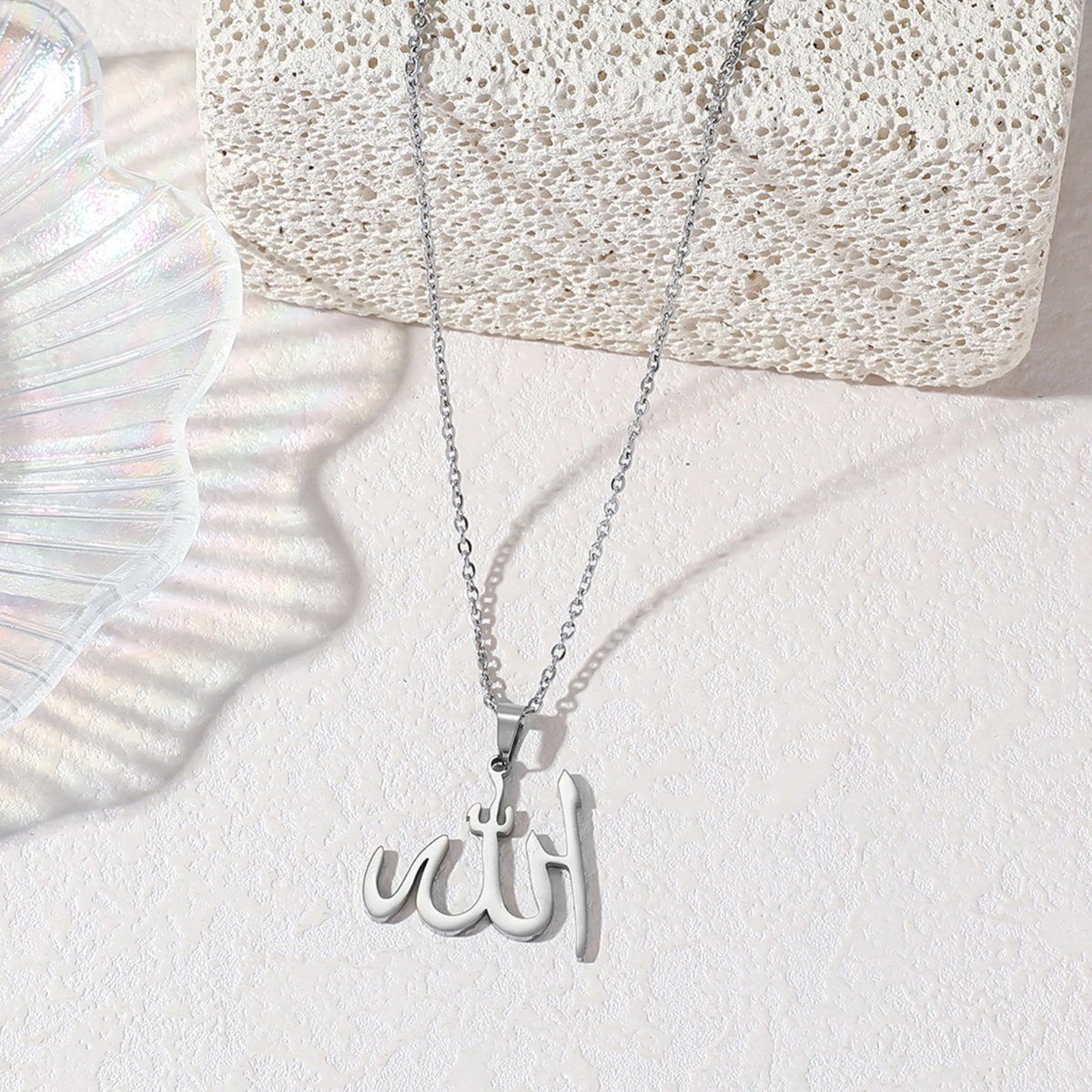 Allah Necklace Pendant – Silver Stainless Steel with Pearl Style Chain