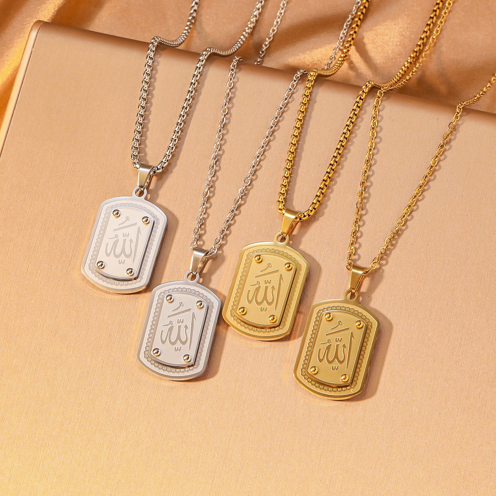 Allah Necklace Pendant – Silver Stainless Steel with Pearl Style Chain — image 3