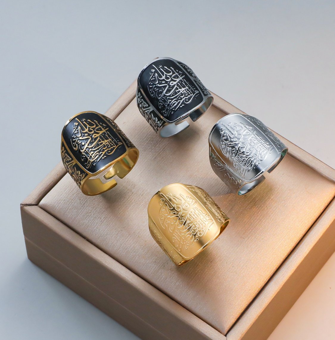Auzubillah- Golden Black Adjustable Stainless Steel Band (WIR8)