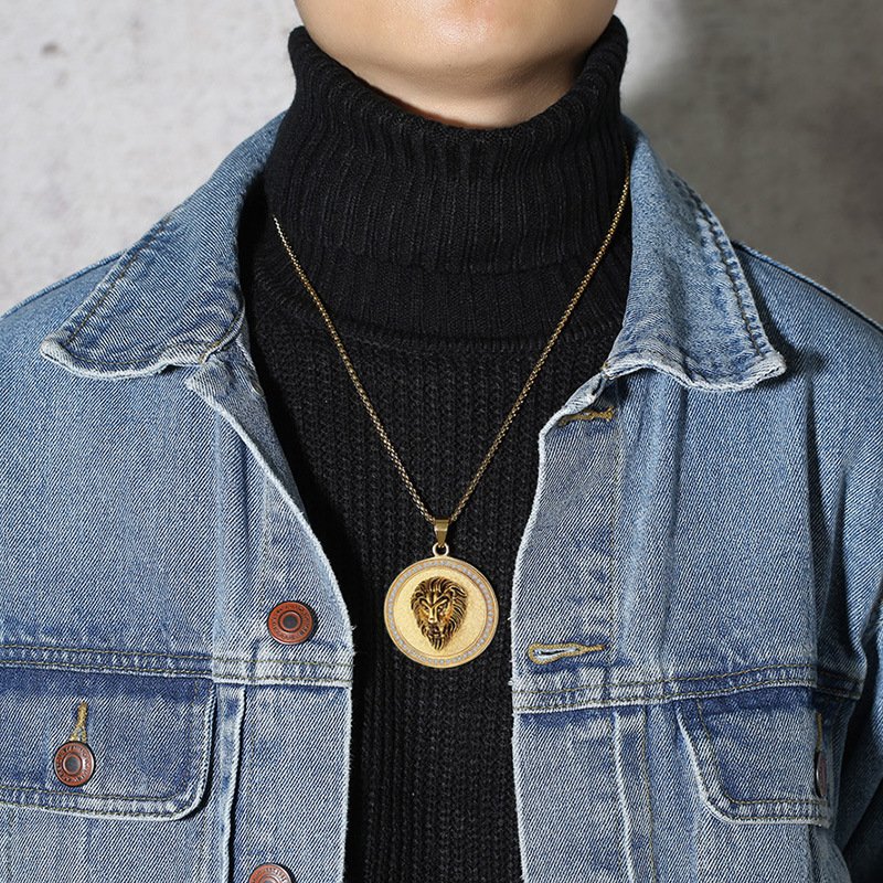 Lion Head - Gold Men Pendant with Chain