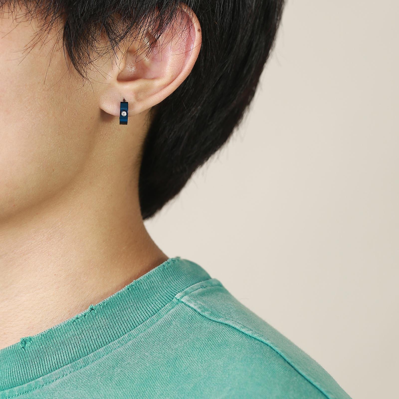 Round Edge Men Earring Blue Mini Hoop Sterling Stone — image 3