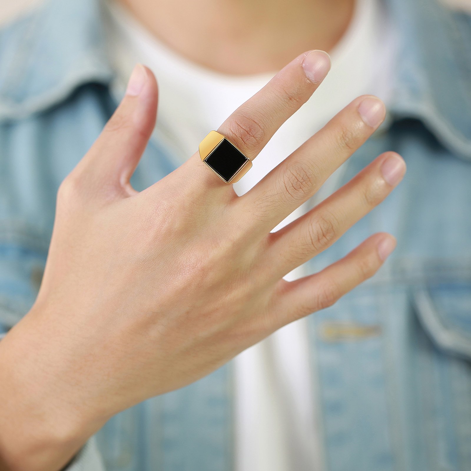 WMR-152 - Black Stone - Gold Stainless Steel Men Ring — image 3