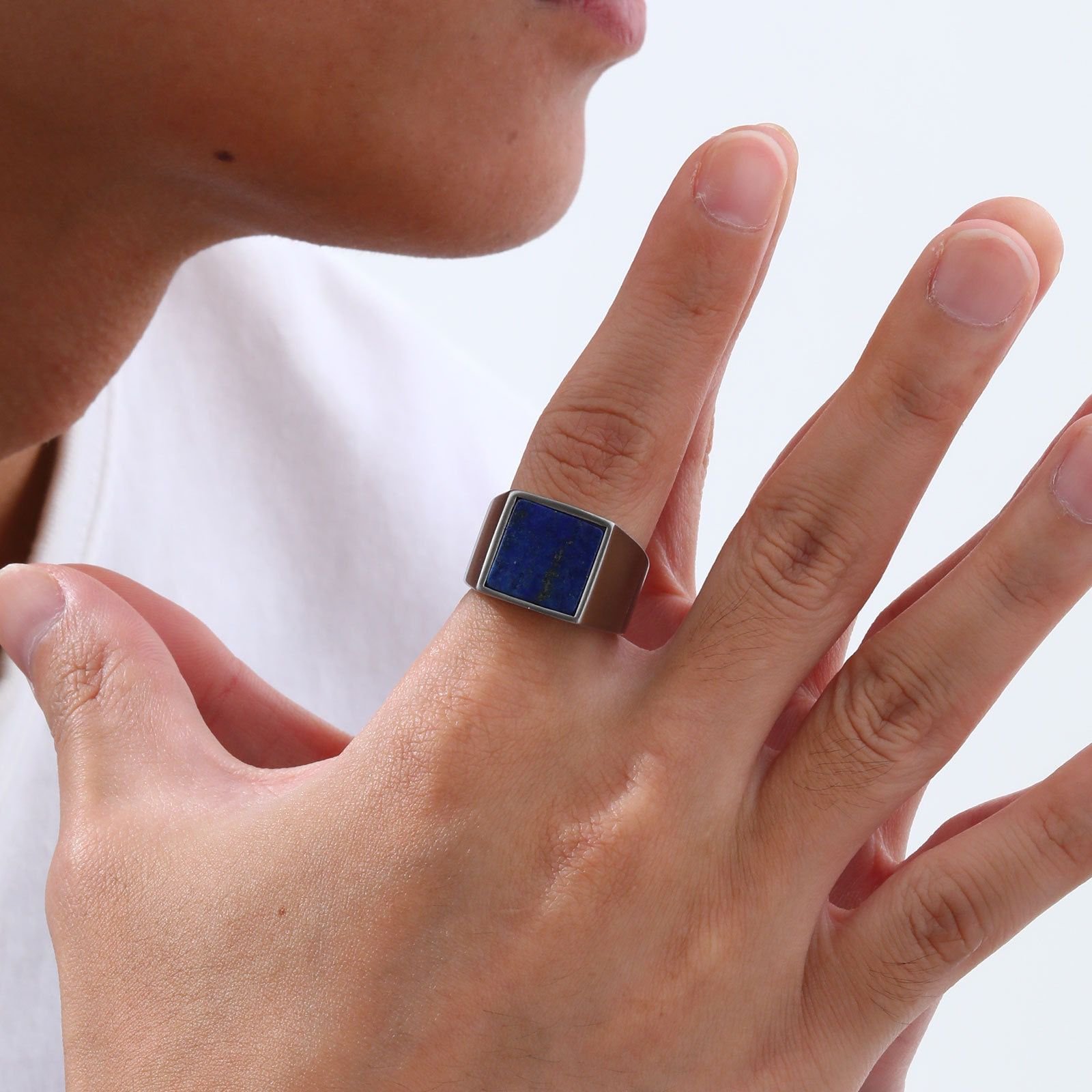 WMR-174 - Blue Stone - Silver Stainless Steel Men Ring