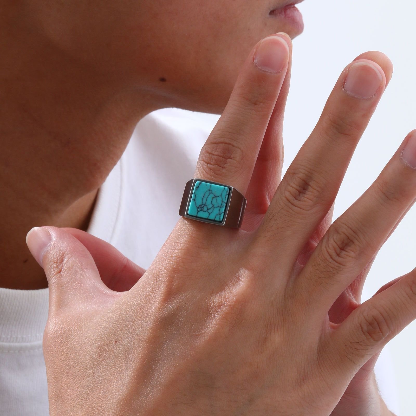 WMR-174 - Tourquise Stone - Silver Stainless Steel Men Ring — image 4