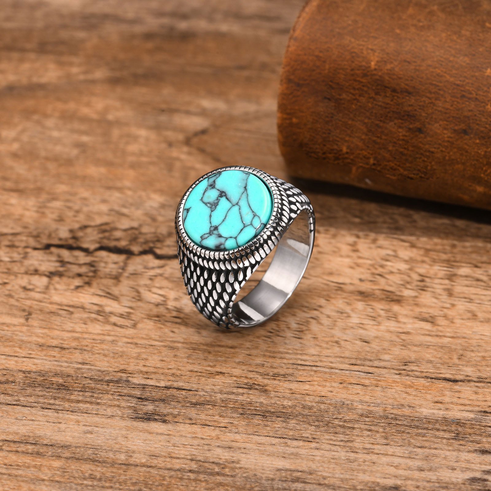 WMR-171 - Tourquise Stone - Silver Stainless Steel Men Ring — image 3