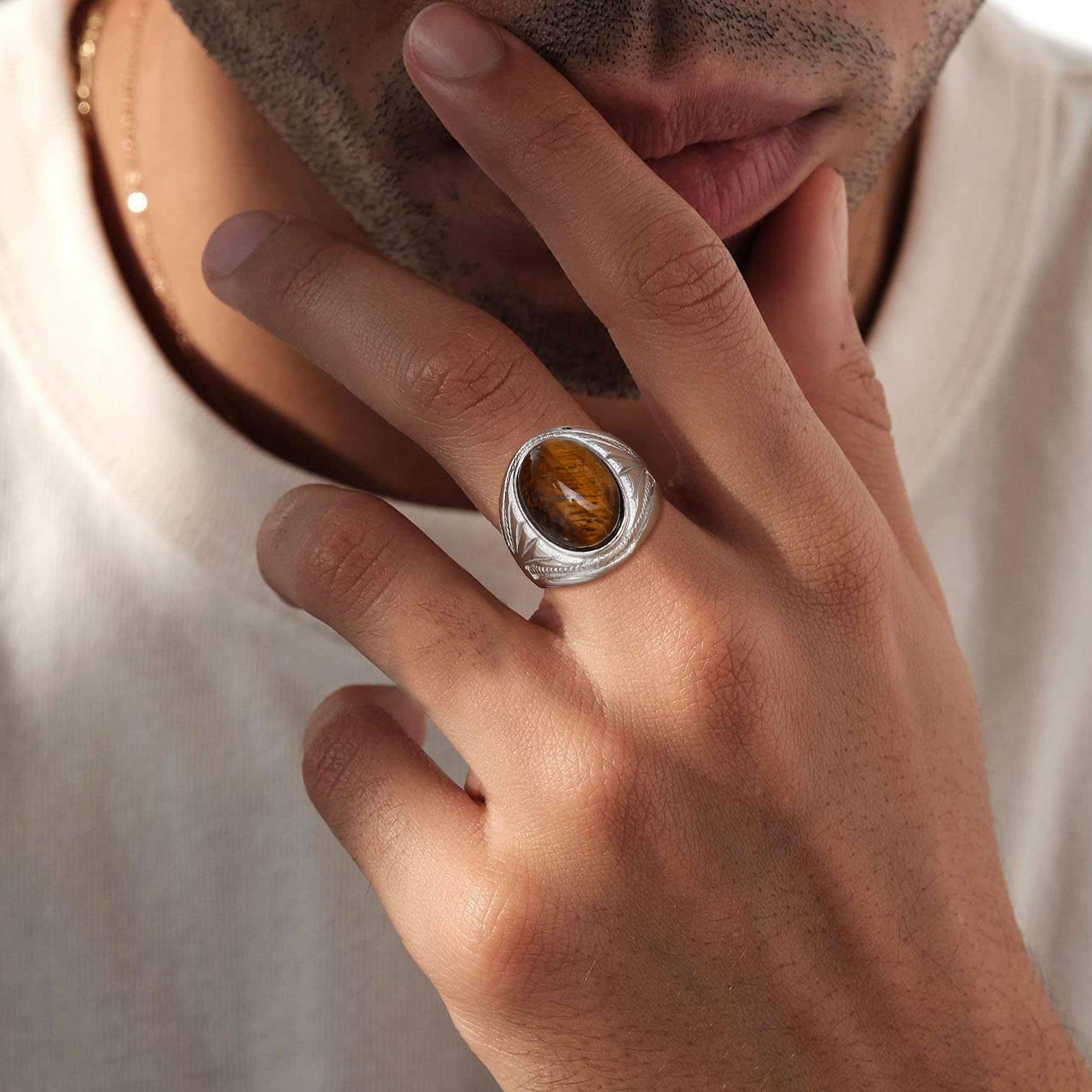 WMR-172 - Tiger Eye Stone - Silver Stainless Steel Men Ring — image 6