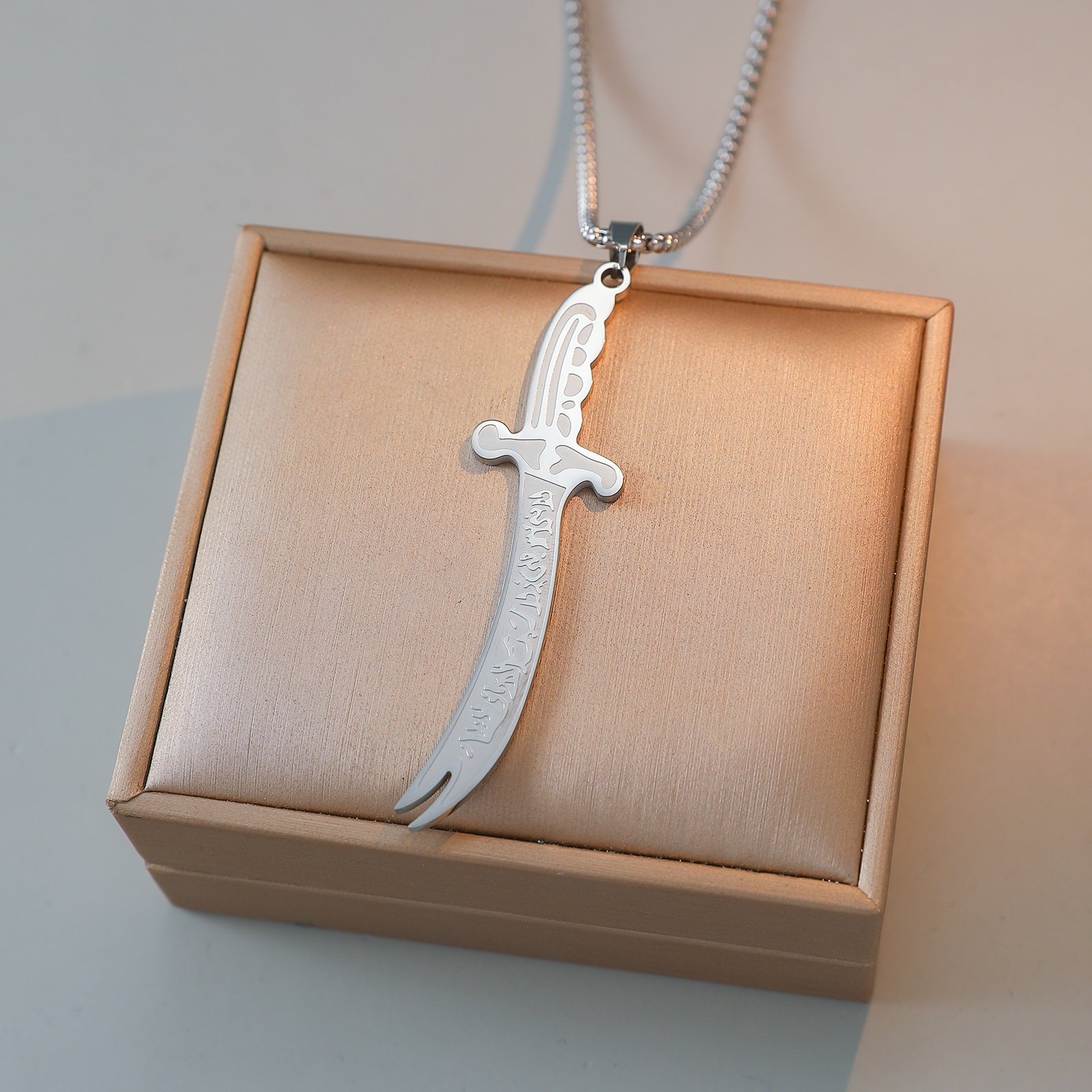 Zulfiqar Necklace Pendant – Silver Stainless Steel with Pearl Chain